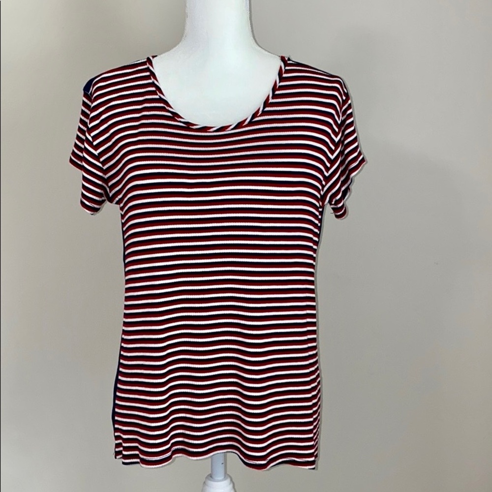 k & c striped and denim button back top